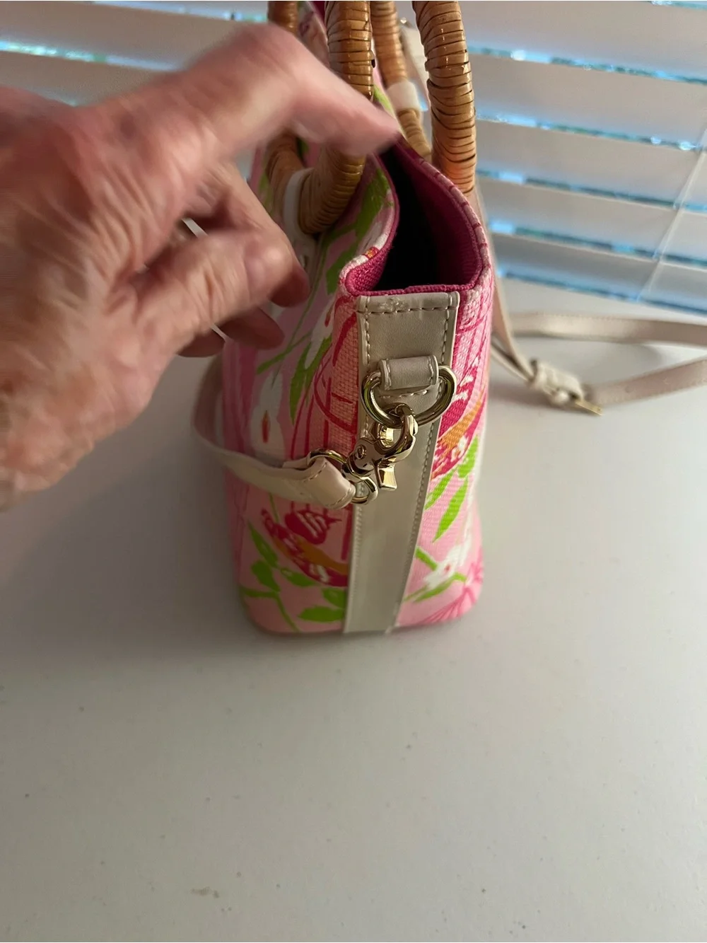 Pink Floral Canvas Tote with Rattan Ring Handles by Spartina 449 New